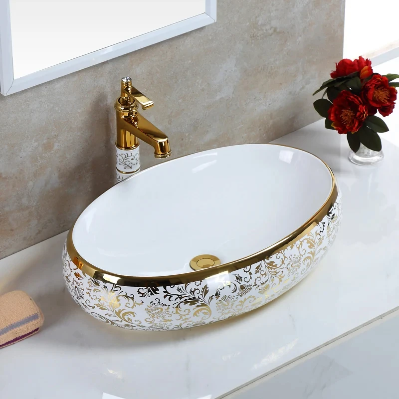 

Flower Design Art Ceramic Bathroom Sink Set Above Counter Washbasin Sink Countertop Sink Golden Bath Vessel Sink Shampoo Sink