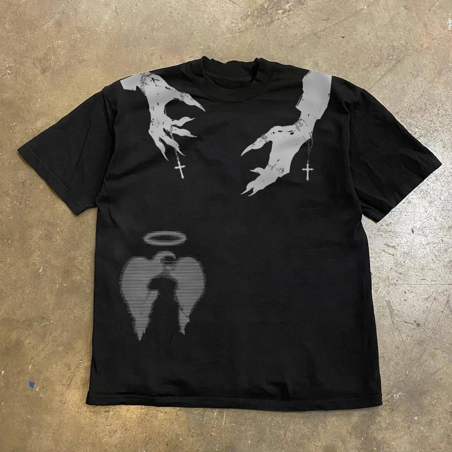 Dark Angel Wings Cross Graphic Tee Print Round Neck T‑Shirt Men Women Y2K Streetwear Short Sleeve Casual Fashion Top