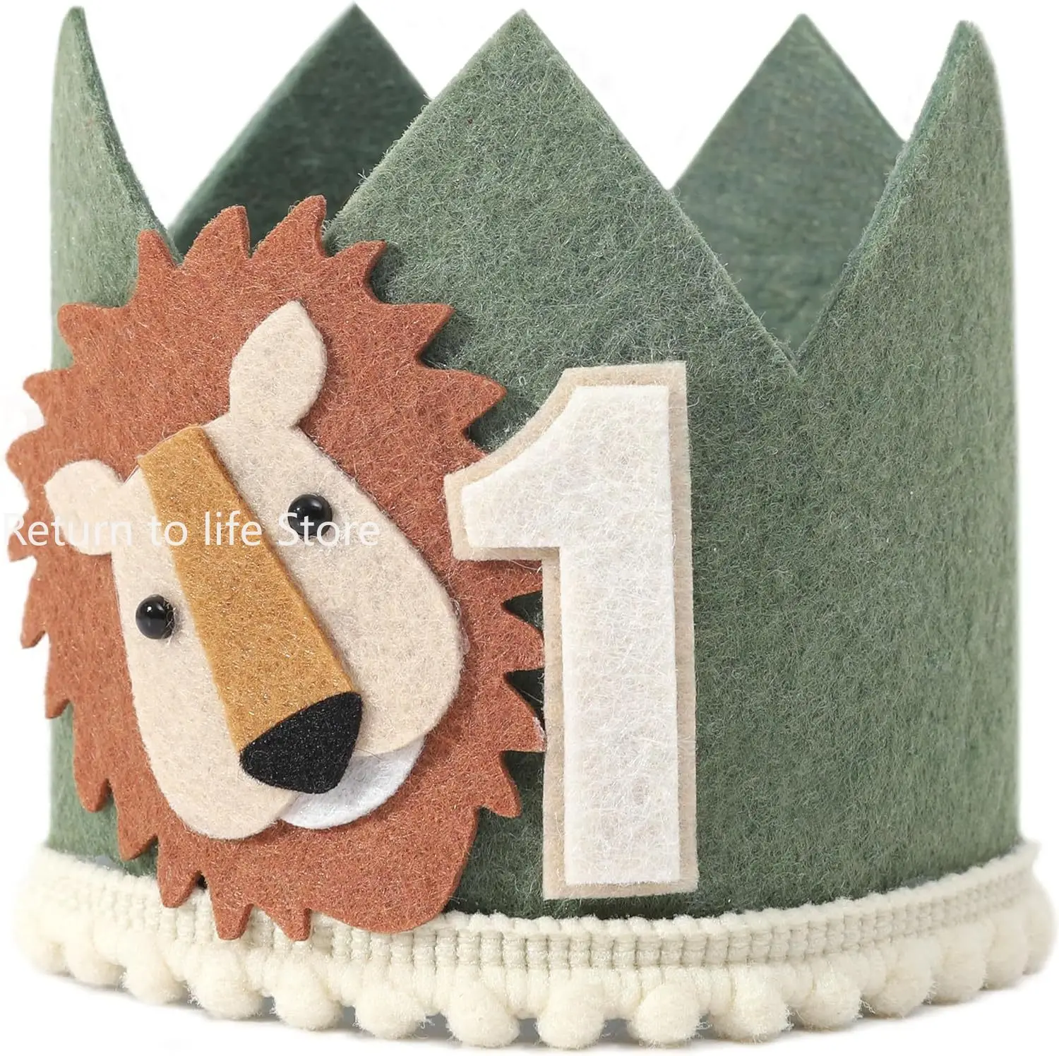 1PC 1st Kids Avocado Green Lion Birthday Crown First Baby Party White Non Woven Safari  Animal Crown One Headwear Decorations
