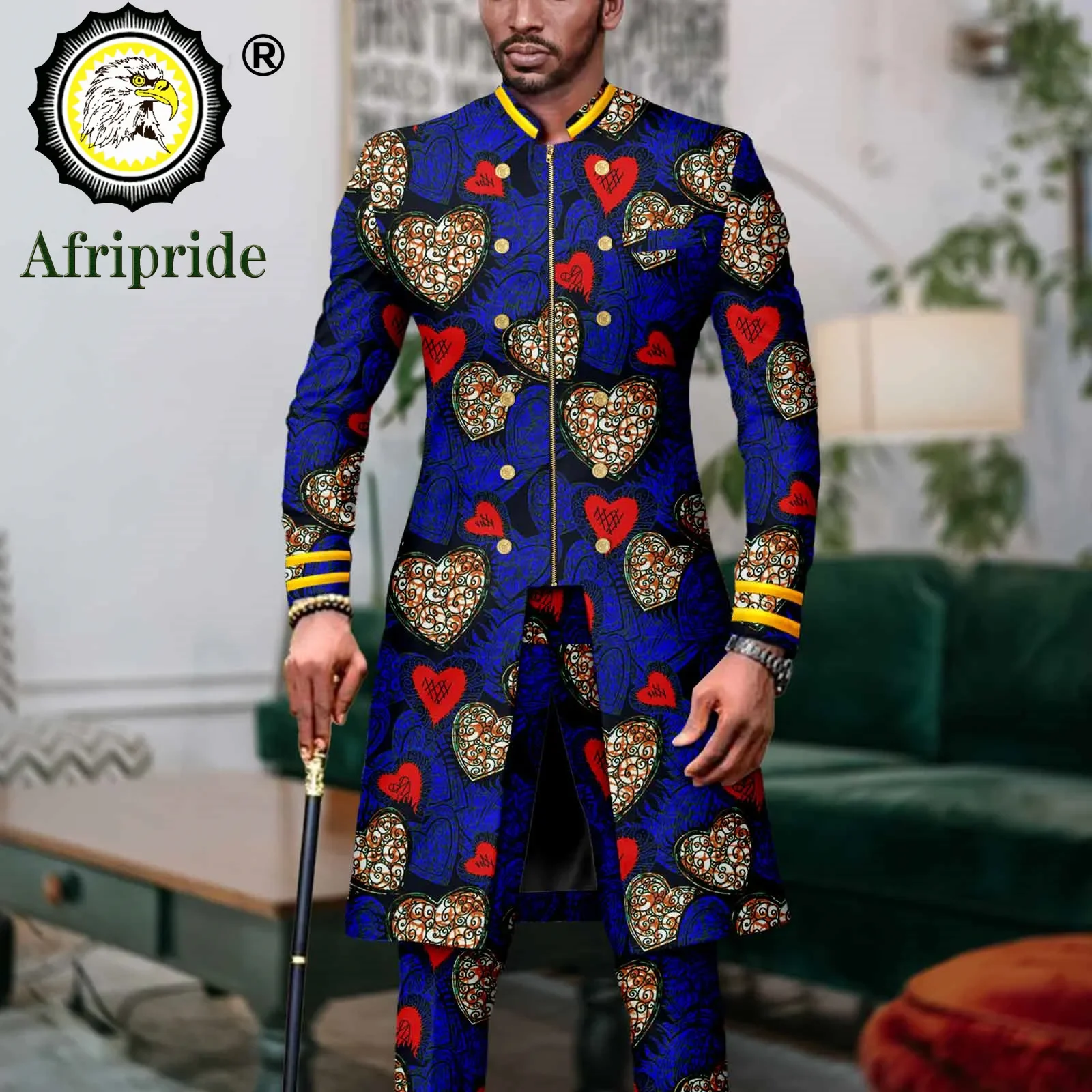 African Suits for Men Double Breasted Zip Blazer and Pants 2 Piece Set Formal Outfits Dashiki Attire for Party Wedding A2316063