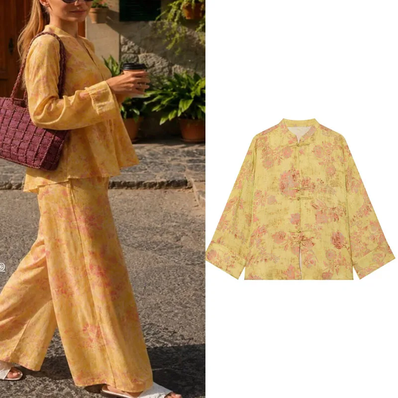 Women's Tang-style Shirt, Vintage Pattern Jacquard, Stand Collar, Butterfly Buttons, New Chinese-style Yellow Printed Top