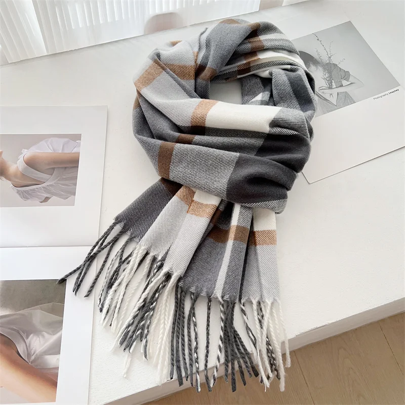 Winter Imitation Cashmere Shawl British Classic Tassel Women Scarf Black and White Khaki Plaid Neckerchief Pashmina Accessories