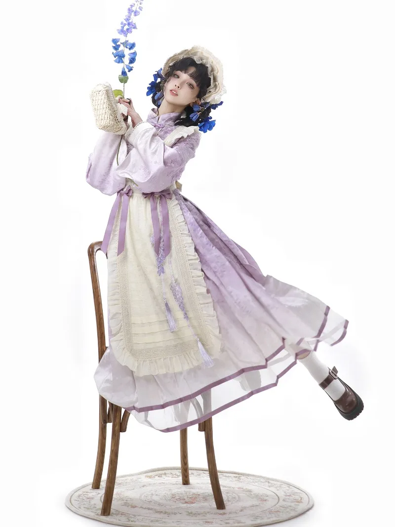 Grembiule da donna originale Lolita quotidiano carino dolce stile pastorale serie CLA stampa retrò colletto alla coreana manica lunga viola abito lungo grembiule