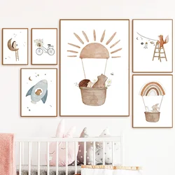 Boho Space Rocket Bear Rabbit Hedgehog Bee Flowers Nursery Posters Wall Art Print Canvas Painting Baby Kids Room Home Decoration