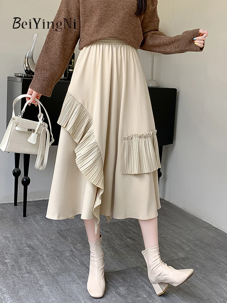 

Beiyingni Fashion Autumn Winter Irregular A-line Skirt Women Ruffles Patchwork Korean Chic Casual Pleated Skirts for Woman Jupes