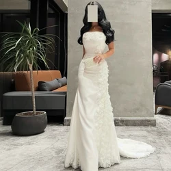 Sleeveless Straight Satin Strapless Floor Length White Evening Dress Elegant Pleats Flowers Sweep Train Bespoke Occasion Gowns