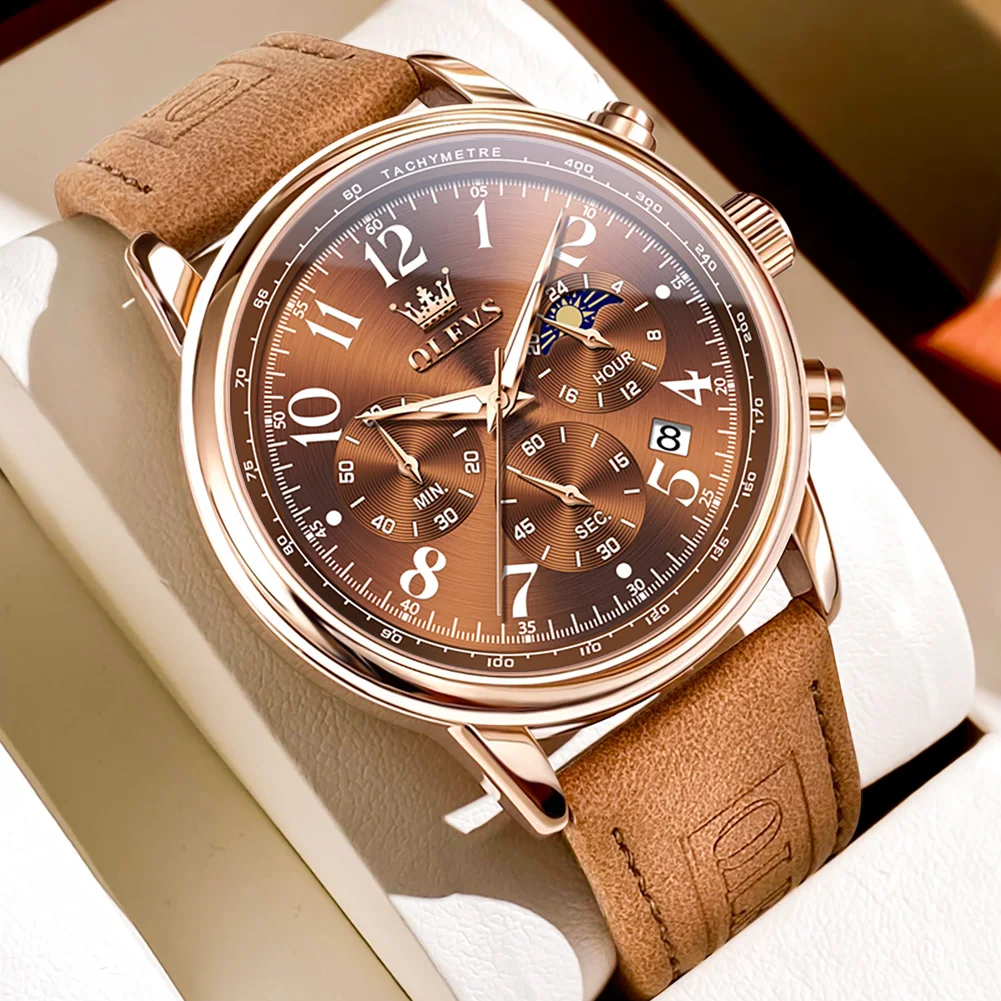 OLEVS Men's Chronograph Watch Moon Phase Date Rose Gold Case Brown Suede Leather Strap Military Sports Waterproof Wristwatch
