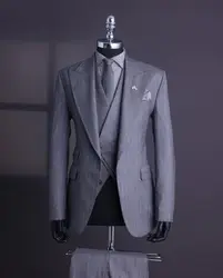 Blazer con rayas finas grises para hombre, chaleco de 3 piezas, pantalones negros, trajes de un botón, solapa con visera, fiesta Formal, boda, novio, talla grande, a medida