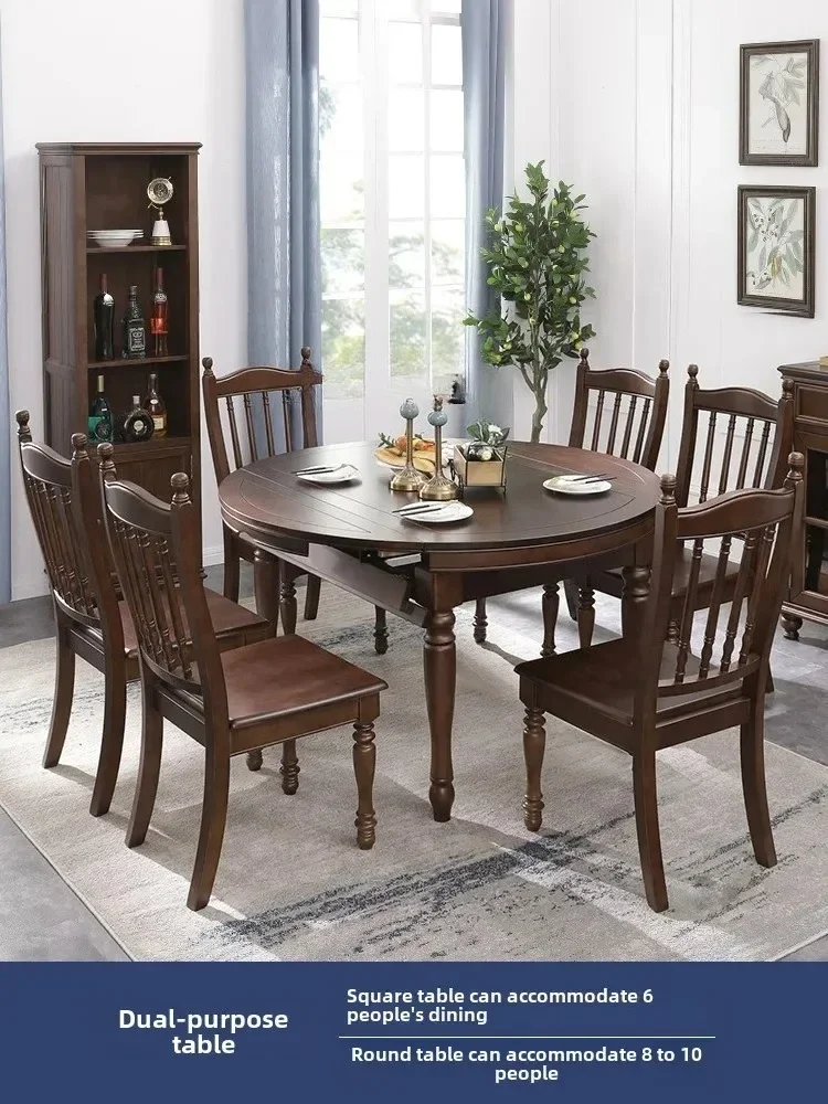 retractable folding oval household variable round table rural retro all solid wood dining table and chair combination