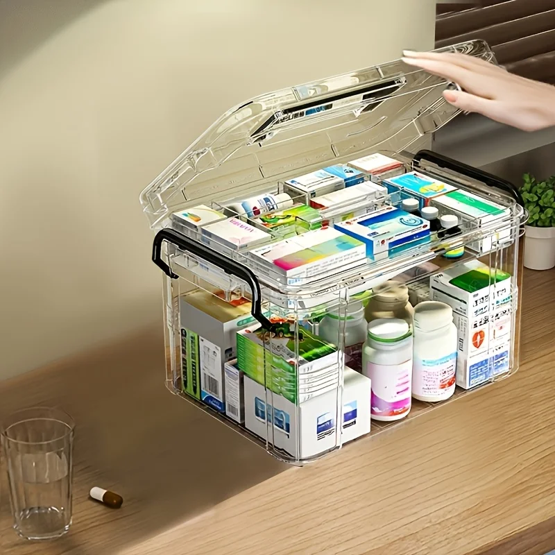 Large Capacity Double-Layer Medicine Organizer Box - Waterproof, Transparent Storage for Home & Travel