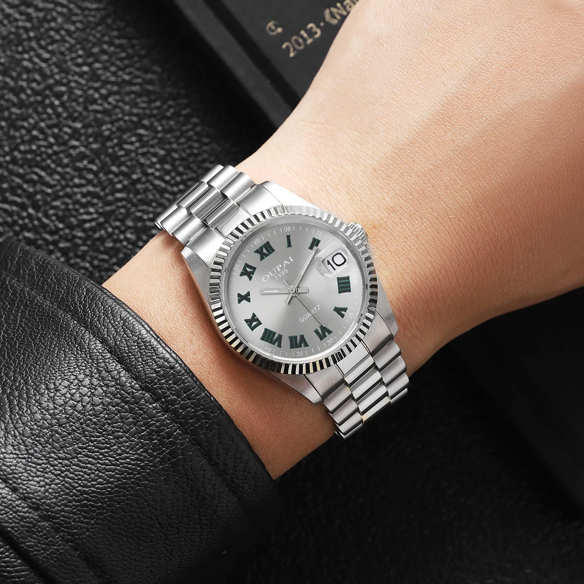 Мужские часы Oupai, круглый циферблат, ремешок из нержавеющей стали, кварцевые светящиеся наручные часы с календарем, водонепроницаемые
