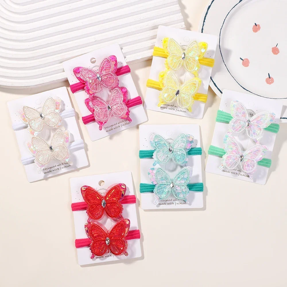 2PCS New Sequin Butterfly Girls Tie Up A Ponytail Kids Elastic HairBands Hair Accessories Cute Children HairTies Baby Headwear