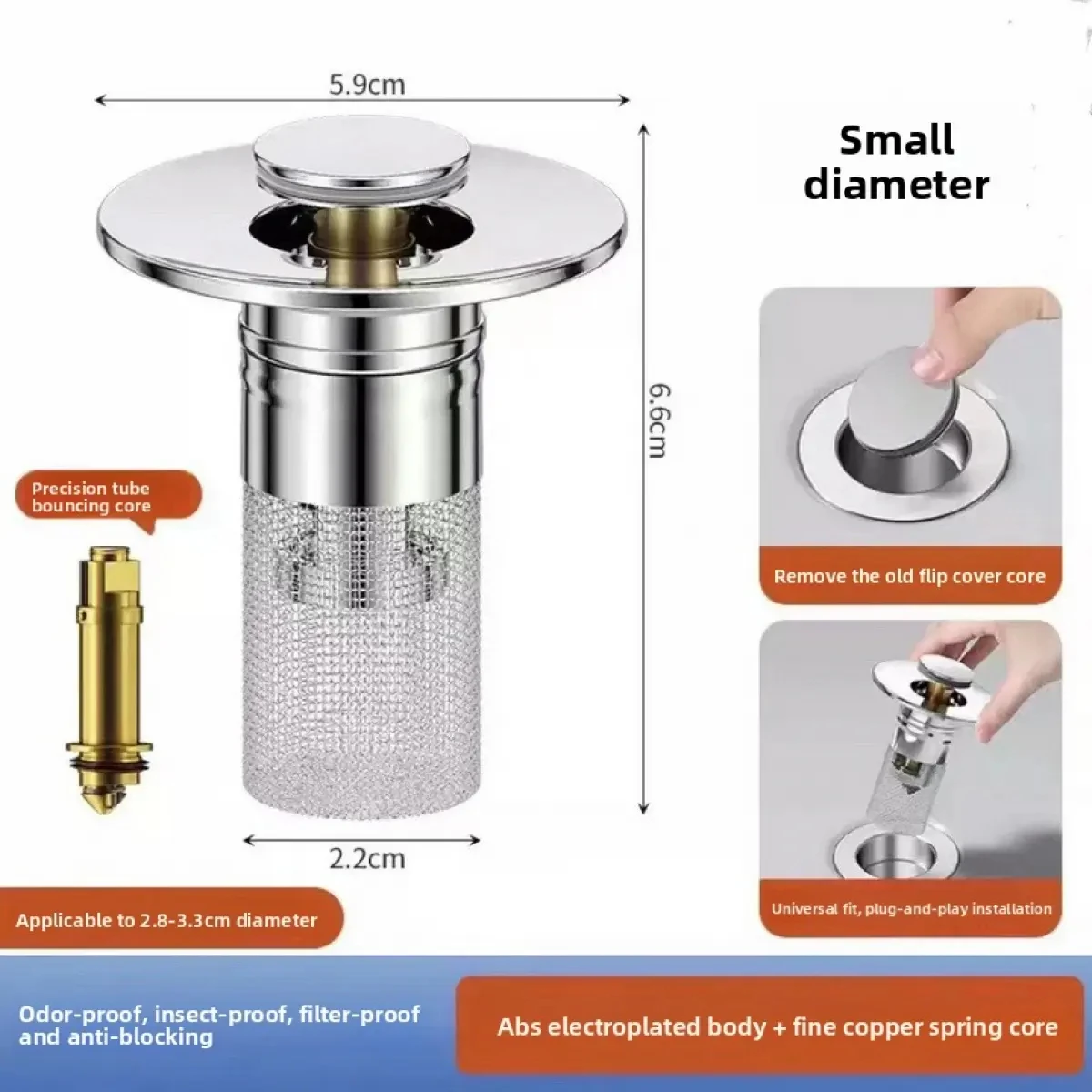 Press Type Pop Up Drain Stopper, Bathroom Sink Hair Catcher with Anti Odor Filter, Removable Washbasin Plug for Vanity and Daily Use