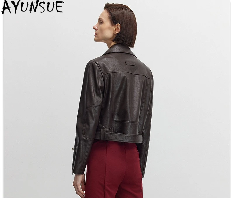 AYUNSUE High-end หนังแพะของแท้หนังแจ็คเก็ตผู้หญิง 2025 สีดําแจ็คเก็ตสตรีฤดูใบไม้ผลิฤดูใบไม้ร่วงเสื้อผ้า Slimха Ж