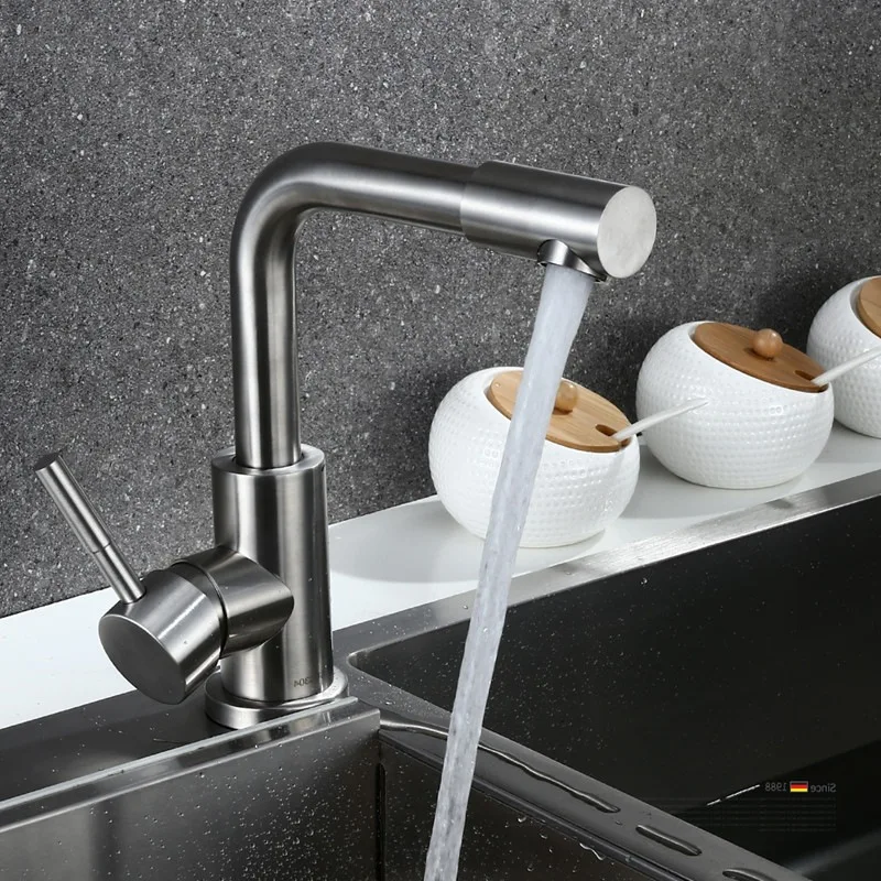 

360 ° Вращающиеся смесители для ванной комнаты, нержавеющая сталь 304, смеситель для умывальника с одной ручкой, матовый никель, смеситель для кухонной мойки с горячей и холодной водой