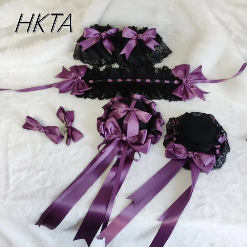 Gothic Dark Black Purple Lolita Rose Lace Top Hat Bow Hairpin Kawaii Cute Sweet Edge Clip Headgear Headband Hand Sleeve Jewelry