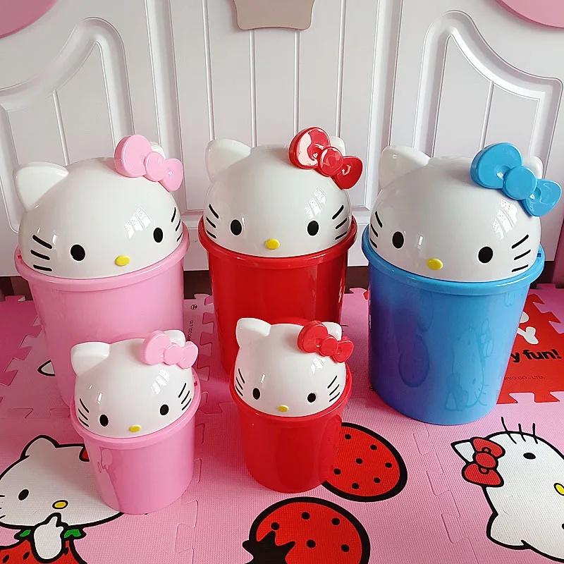 Sanrio Kawaii Hello Kitty Desktop Trash Can Anime Cartoon Mini Office Living Room Home Covered Square Garbage Storage Trash Cans