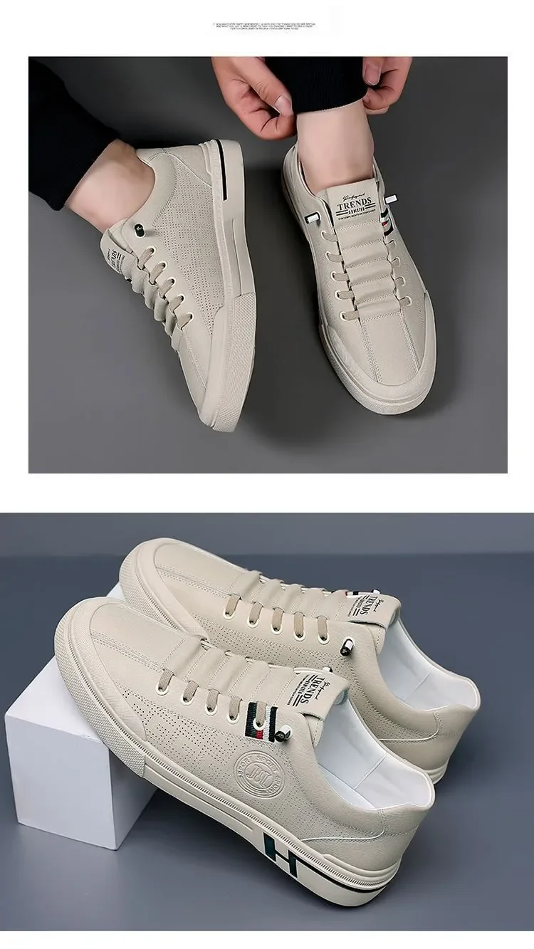 New Men Breathable White Shoes Athleisure Style Trend Versatile Comfortable Beige Sneakers Hollow Walking Running Footwear
