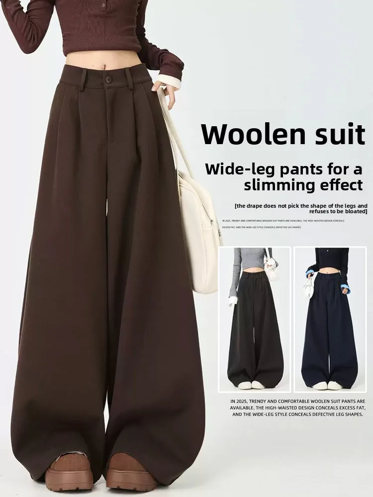 

Caramel Thickened Woolen Suit Pants Women's High Waist Loose Lazy Style Drapey Slimming Casual Straight Leg Wide Leg Pants