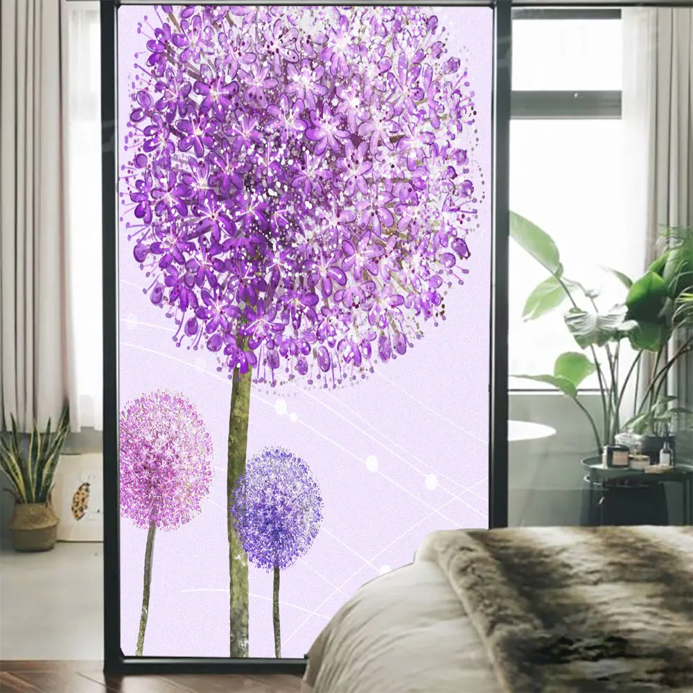 

Privacy Window Film Anti UV Blocking Heat Control Static Cling Purple Dandelion Frosted Glass Window Decoration