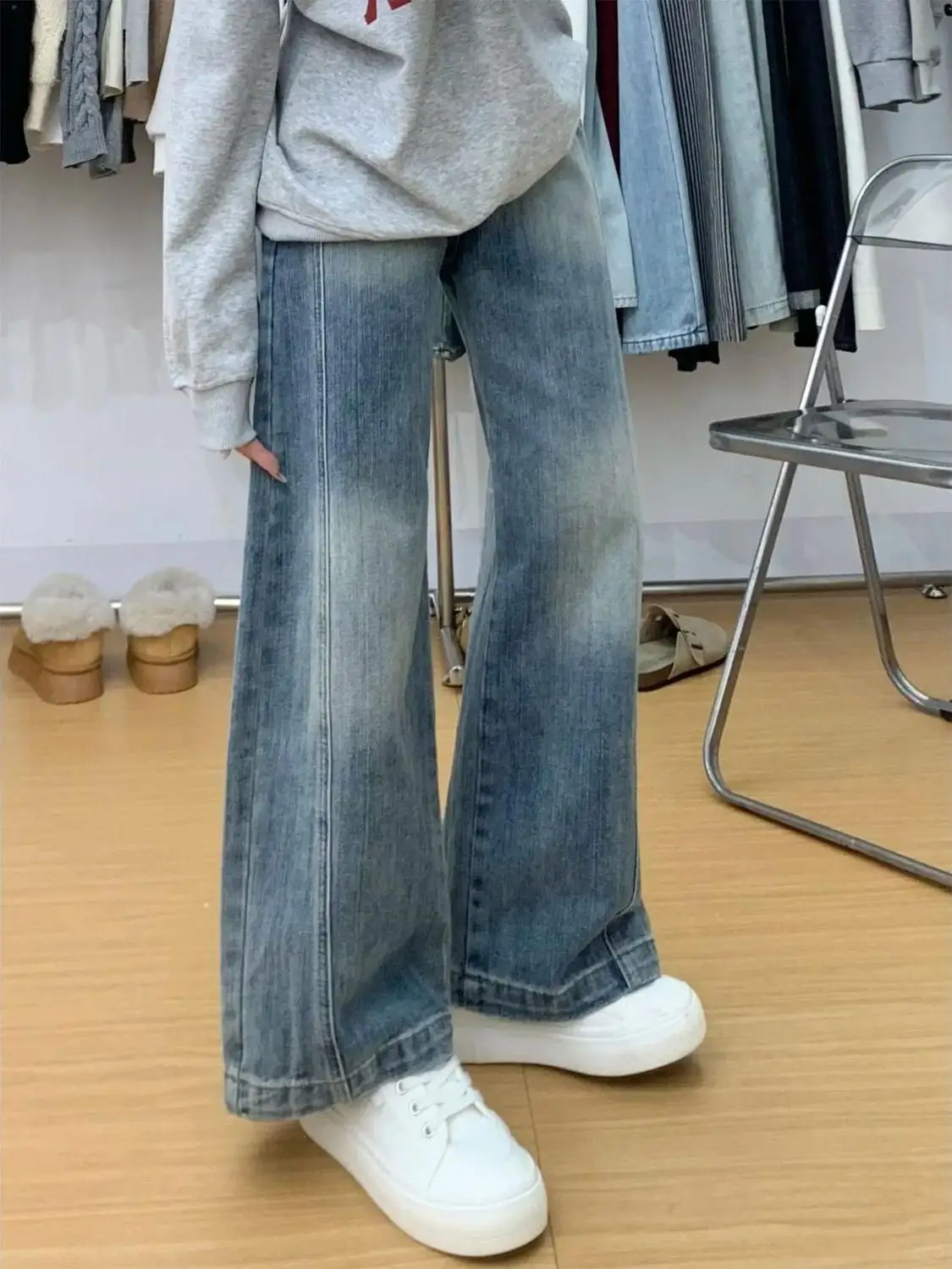 

Джинсы прямого кроя в стиле ретро для женщин, свободные, широкие, зимние, больших размеров, для фигуры «груша», длинные, с высокой талией, из денима