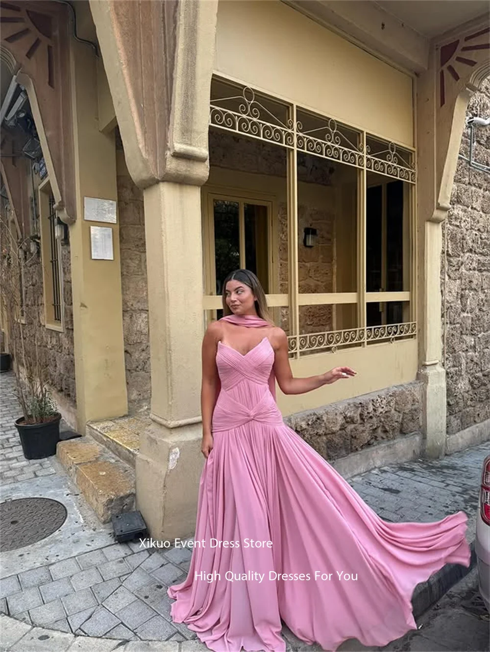 Xikuo فساتين سهرة بشرائط شيفون وردية على شكل قلب مطوي فيستدوس دي فييستا فستان رقص عالي الجودة مخصص