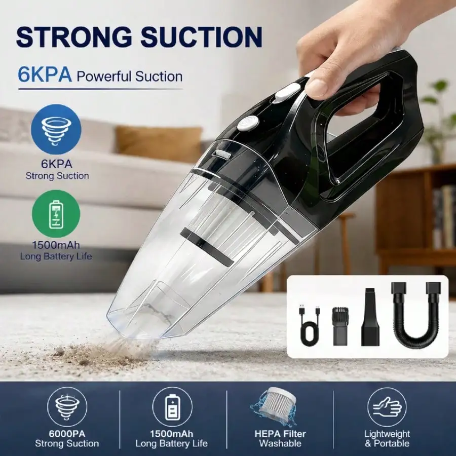 Portable Car Vacuum Cleaner With A Powerful 6000PA Suction, Handheld Design, 1500mAh Large Capacity, Low Noise, And Comes With Five Accessories For Cleaning Car Interiors, Homes, And Pets. Also Includes Car Accessories.