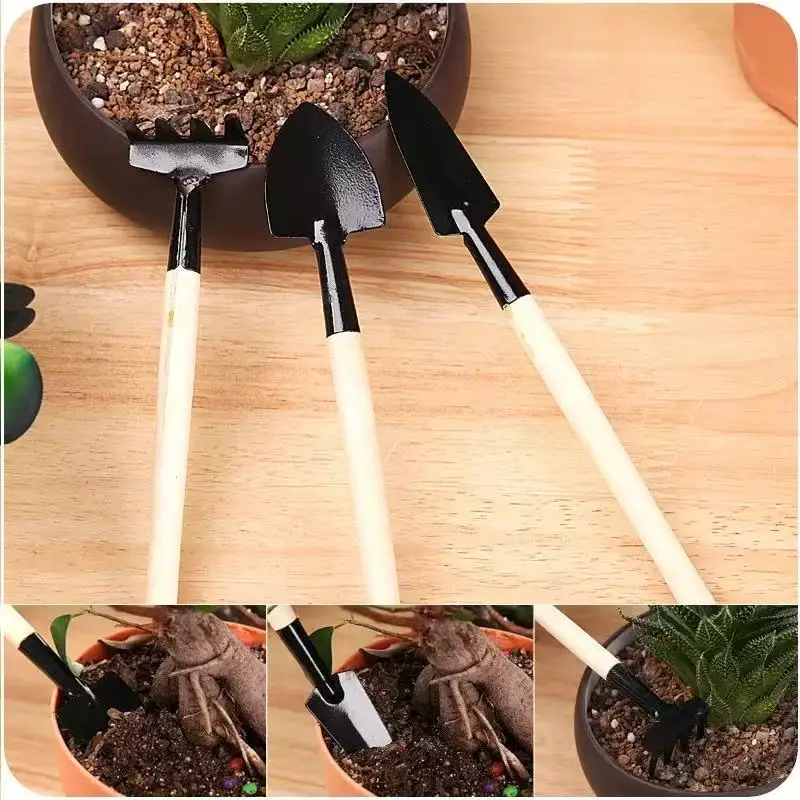 3Pcs Mini Garden Tools Set Wooden Handle Iron Shovel Rake Spade For Potted Plant Bonsai Care
