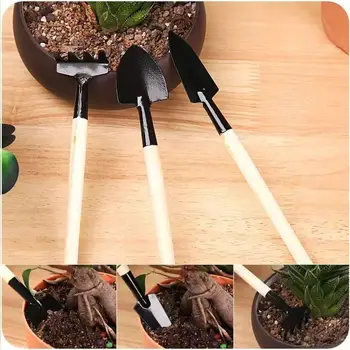 3Pcs Mini Garden Tools Set Wooden Handle Iron Shovel Rake Spade For Potted Plant Bonsai Ca