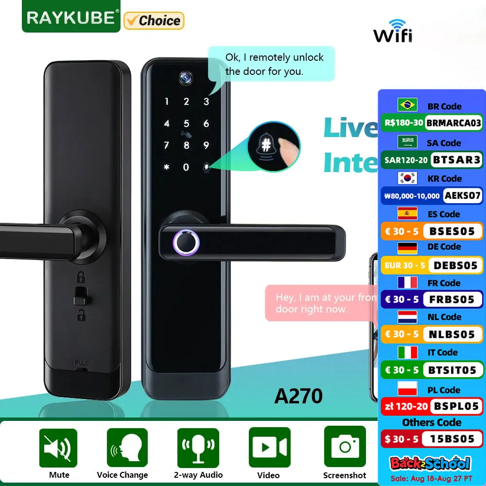 

Новый RAYKUBE A270 Tuya Wi-Fi двусторонний аудио-и видеодомофон камера отпечатков пальцев умный дверной замок с приложением удаленное разблокирование видео запись