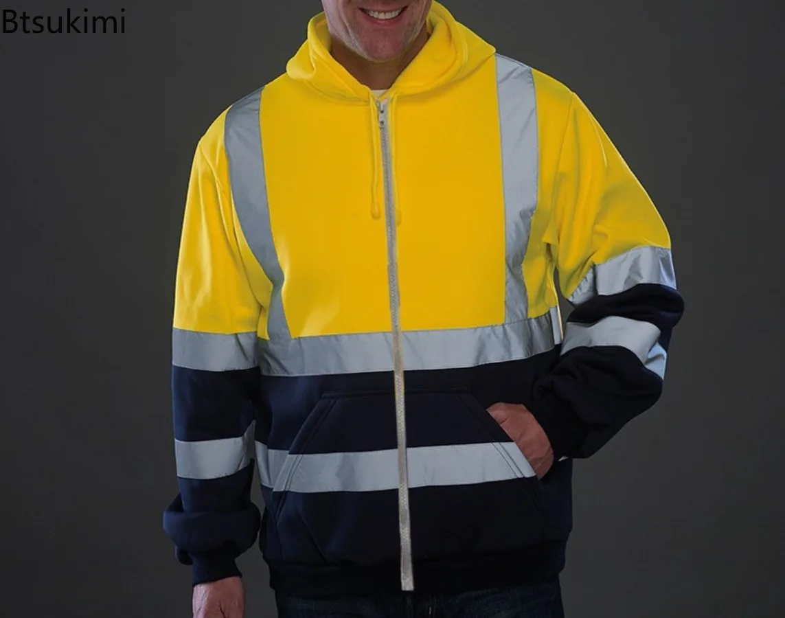 Reflective High Visibility Safety Hoodies Men and Women Long Sleeve Fleece Sweatshirts Fashion Colorblock Outdoor Work Clothes