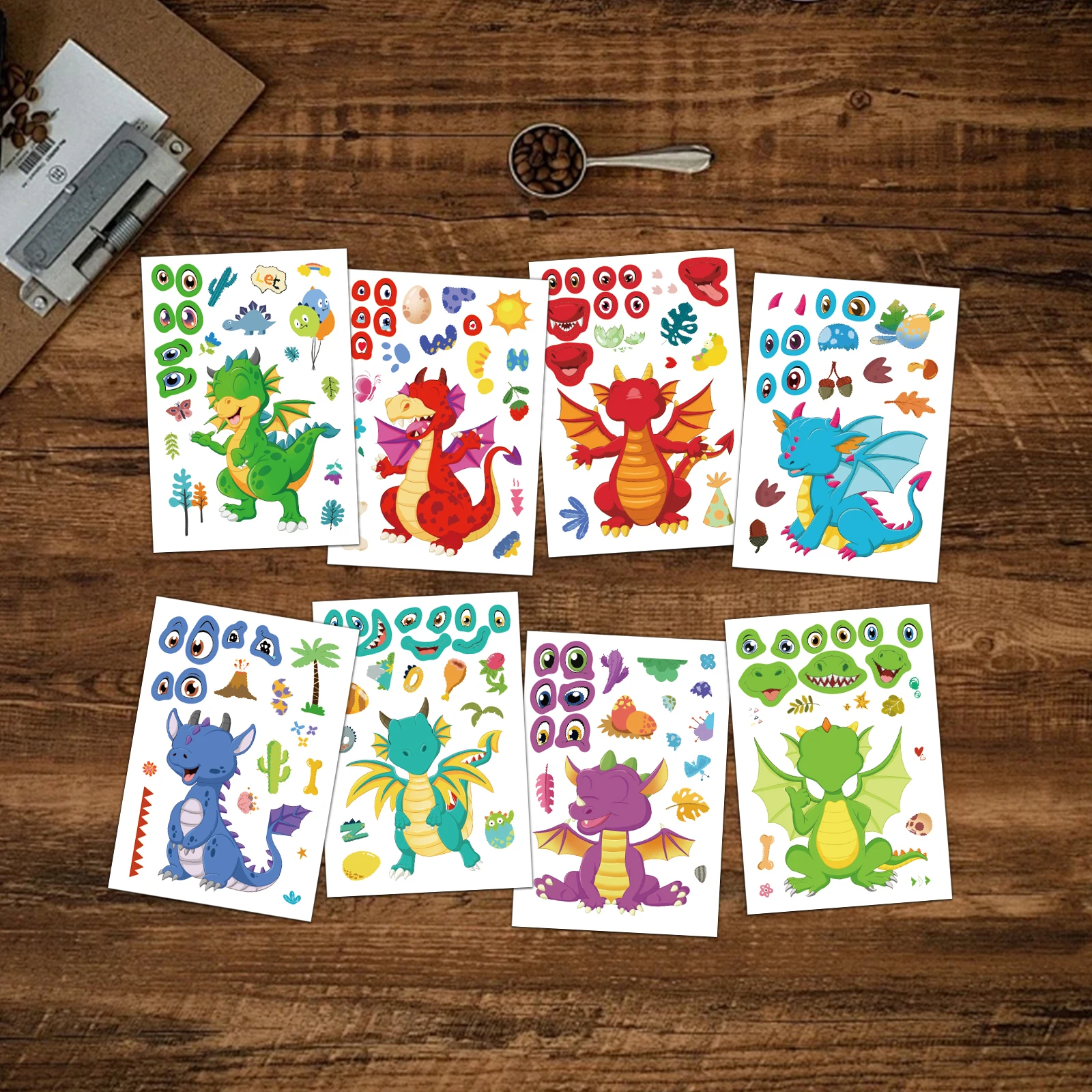 8 قطع من ملصقات تغيير وجه التنين، مواد حساب DIY، حافظات هواتف، حقائب أجهزة الكمبيوتر المحمولة، أكواب مياه، ملصقات مقاومة للماء