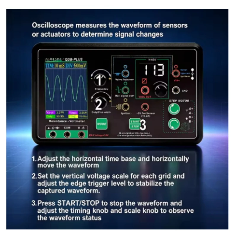 QDB-PLUS für Schrittmotor-Magnetventil-Tester, mehrsprachiges Auto-Diagnosetool mit Oszilloskop, PWM-Generator und Multimeter – Detail 2