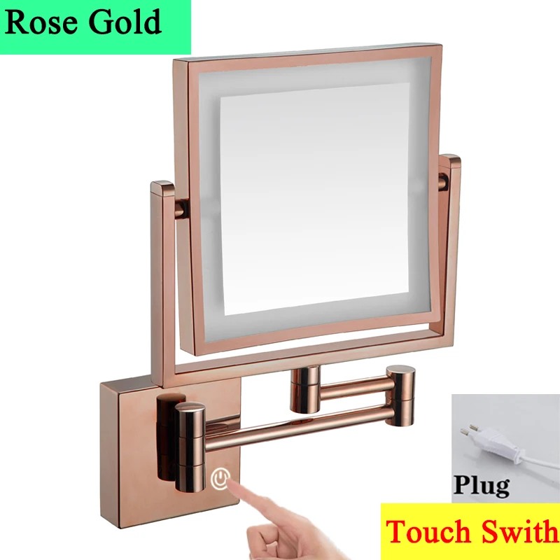 Square Touch Led opvouwbare badkamerspiegel 3x vergrotende badkamer make-upspiegels Accessoires Wandmontage Touch on badspiegels