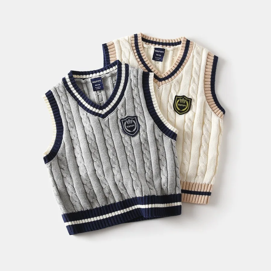 

Autumn Korean Kid Baby Boy Sweater Cotton Sticker V-collar Toddler Boy Pullover Vest Loose Ribbed Infant Boy Sleeveless Knitwear
