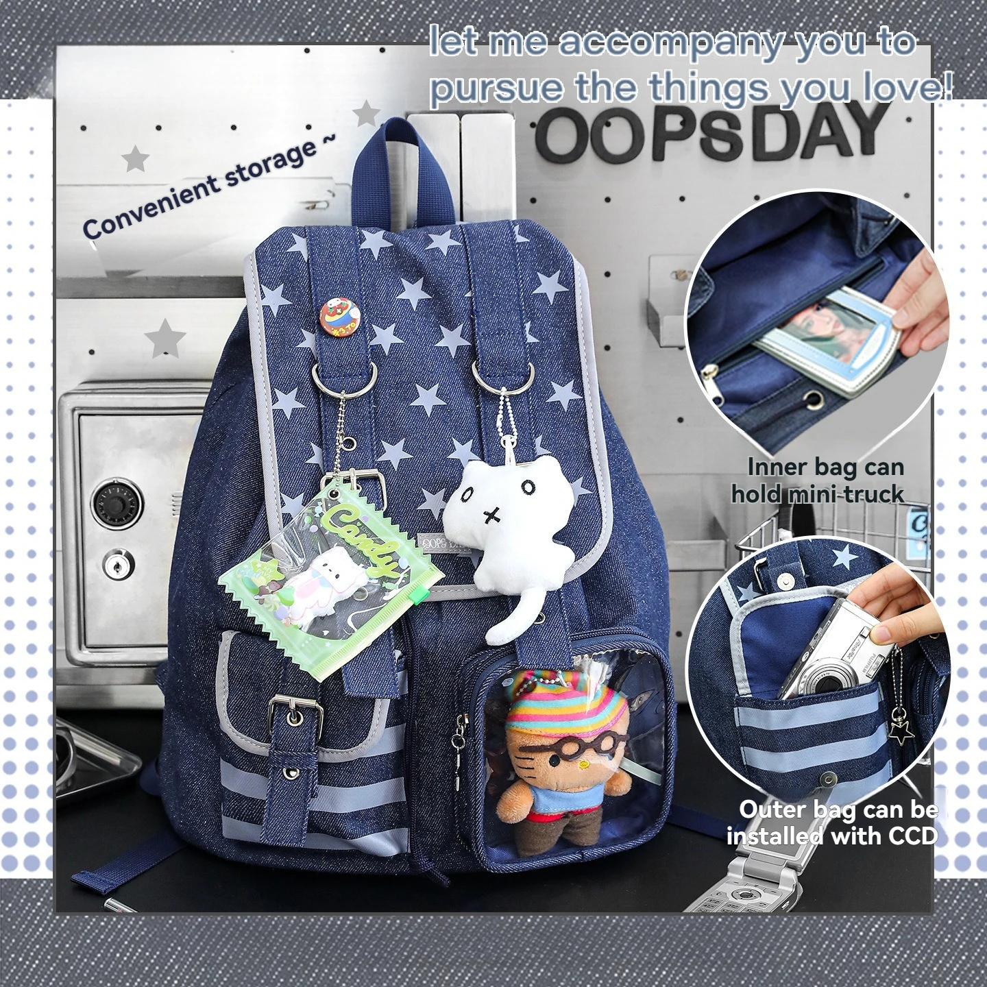 1PC StorageDenim Flip Bag Retro Star Backpack Large Capacity Drawstring Bag Student Storage Bag Backpack