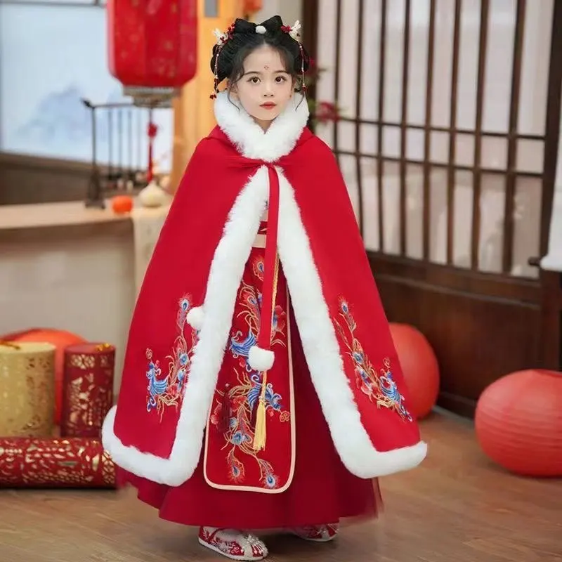 Chinese Floral Embroidery Cape for Winter Children Hooded Cloak