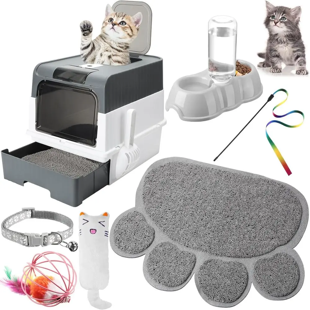 Essential 7-Piece Kitten Starter Kit: Litter Box, Shovel, Paw Mat, Double Bowls, Toy, Teaser Stick, Collar for 1-3 Lbs Newborns
