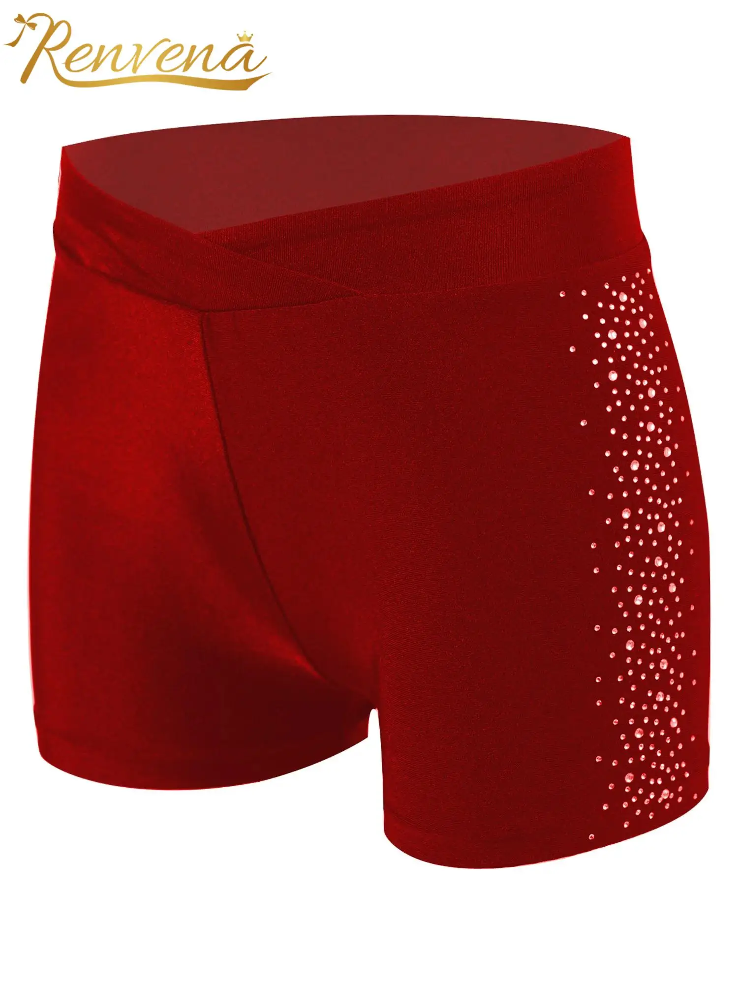 Children Girls Elastic Waistband Shorts V-Front Rhinestones Short Pants for Figure Skating Ballet Dance Gymnastics Kids Shorts