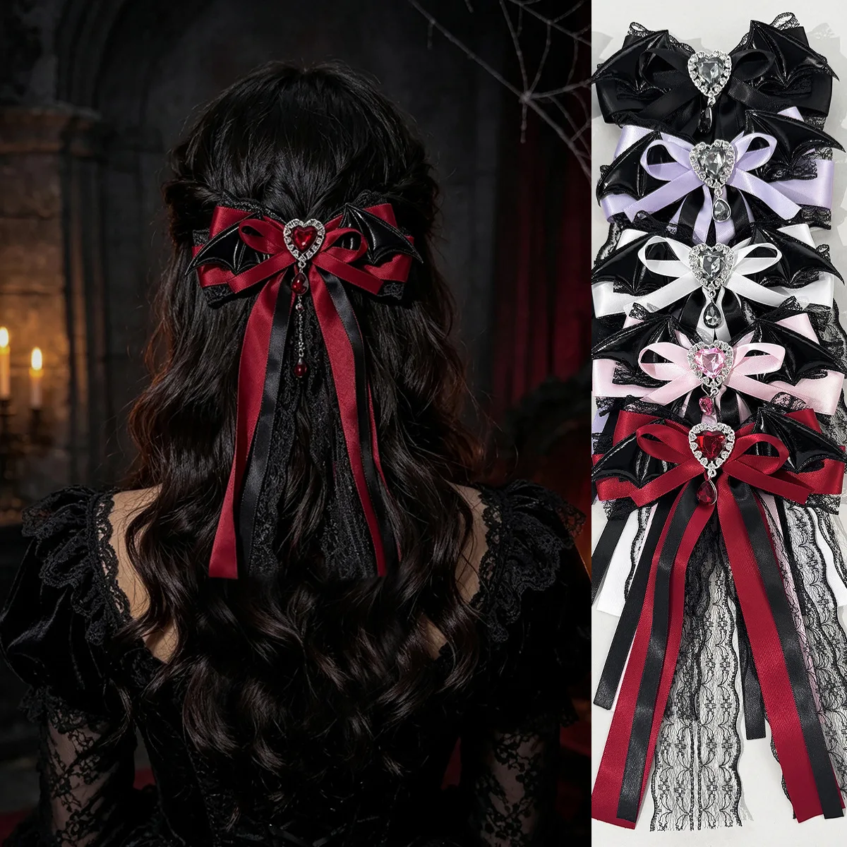 20pc Dark Lace Bow Hair Accessories Gothic Lolita Headwear Red Black Cross Love Butterfly Hair Clips for Women and Girls Bulk