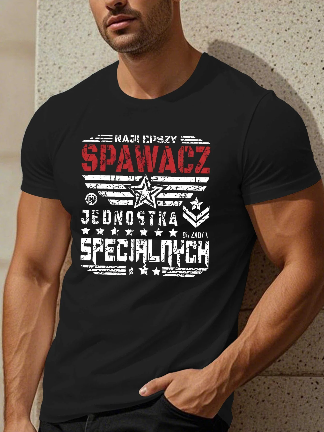 Vintage Men's Black Graphic T-Shirt Distressed Star Stripe Bold Letter Military Style Statement Print 100% Cotton Heavyweight Short Sleeve Casual Streetwear Tee