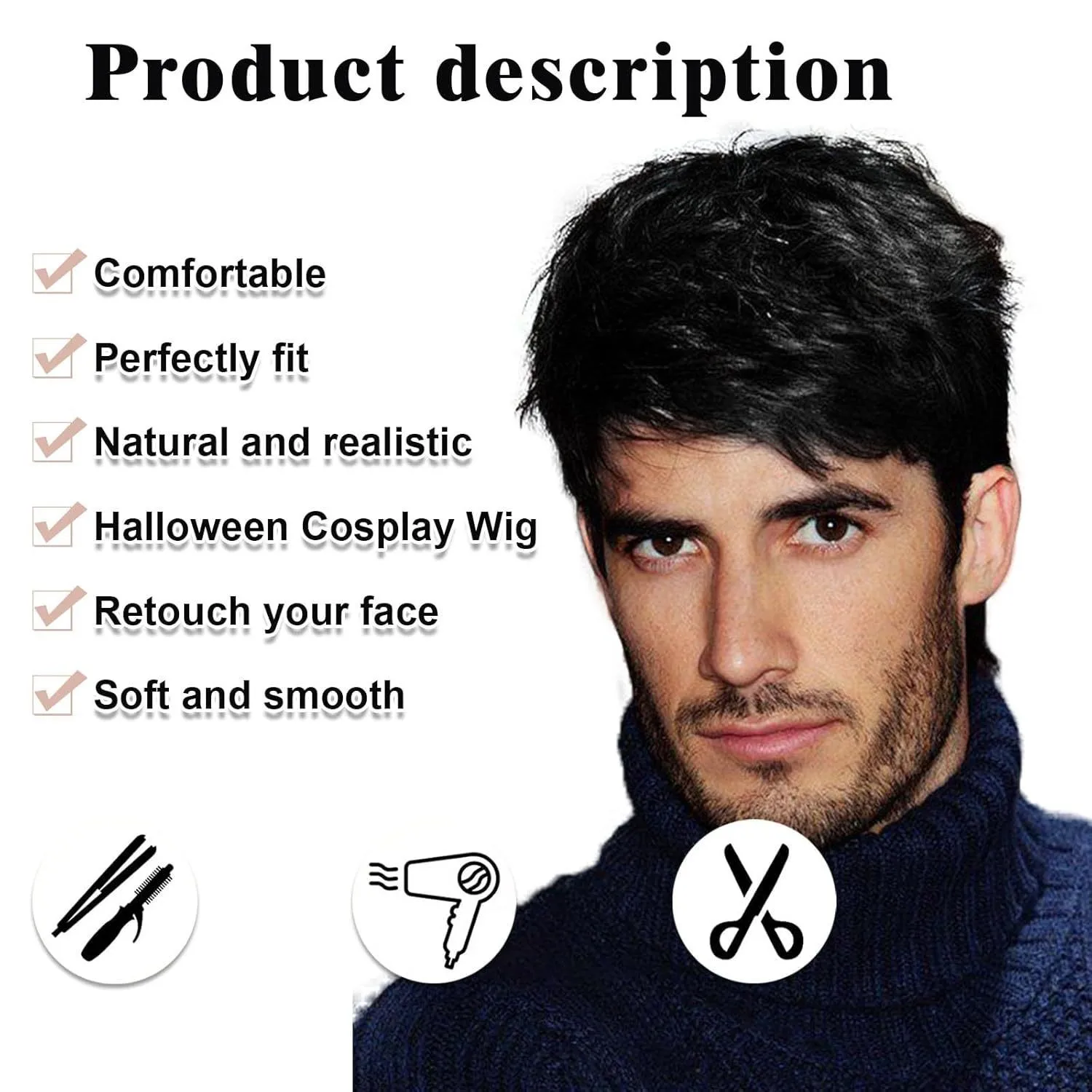 Czarna, krótka, kolczasta peruka syntetyczna dla mężczyzn - naturalny wygląd, do noszenia na co dzień