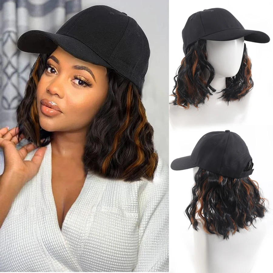 Black Water-Ripple Synthetic Cornstalk Wig Cap Fashionable Short Bucket Hat Full-Head Covering Fake Hair for Stylish Look