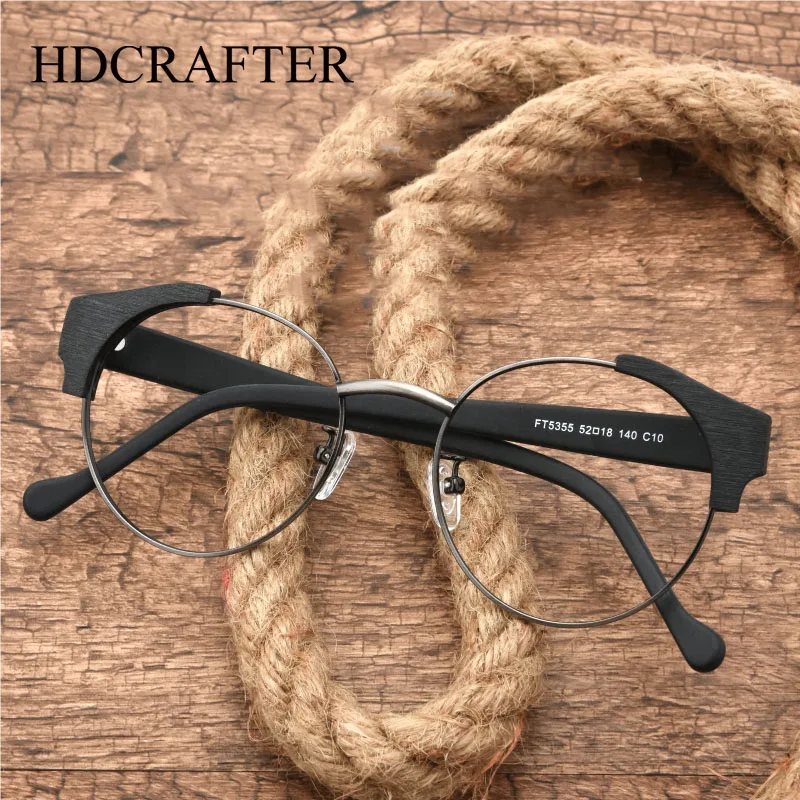 HDCRAFTER New Women Retro Round Glasses Frame Wood Metal Men Myopia Reading Glasses Optical Prescription Eyeglasses Myopia Frame