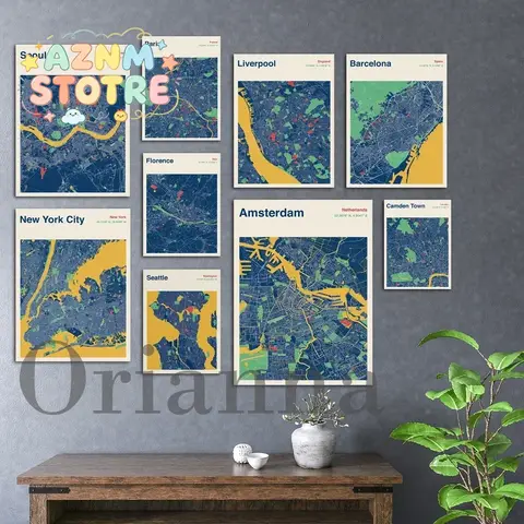 Seattle Amsterdam Camden Town Seoul Barcelona Moscow Florence Italy Seville Paris New York Map Canvas Colour Map Print