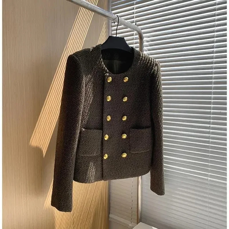 

Women's Luxury Tweed Short Jacket Loose Fit Coat Elegant French Gold Double Breasted Long Sleeve Top Spring Fashion New 2023