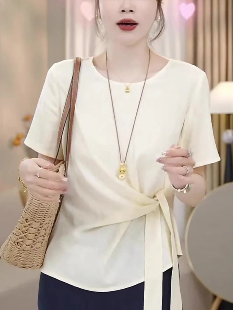 Summer 2025 Women's Slimming ort Sve T-irt Design Sensation Irregular Waist-Cinching  Knot Commute Sle Loos...