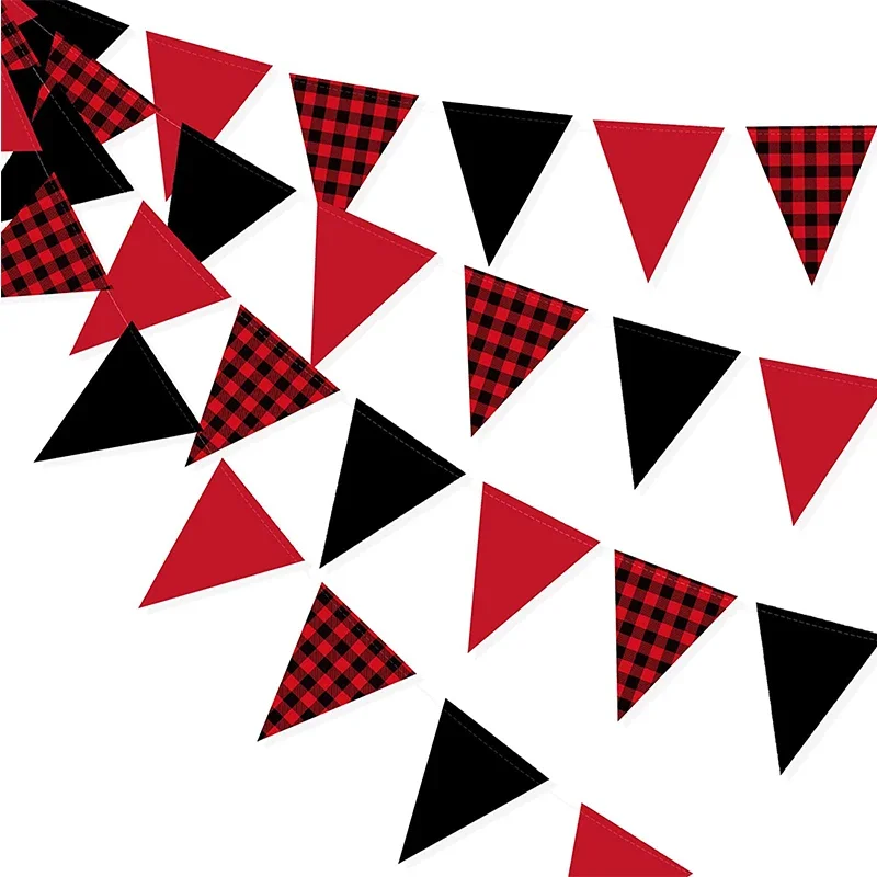 Buffalo Plaid Christmas Pennant Banner Black Red Checkered Birthday Party Decorations Paper Triangle Flag Bunting Dots Garlands