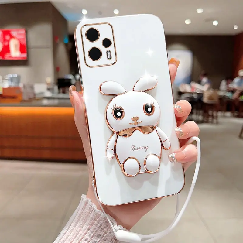 Phone Case For Xiaomi Poco F5 Luxury Plating Square Rabbit Holder With Landyard Case Cover