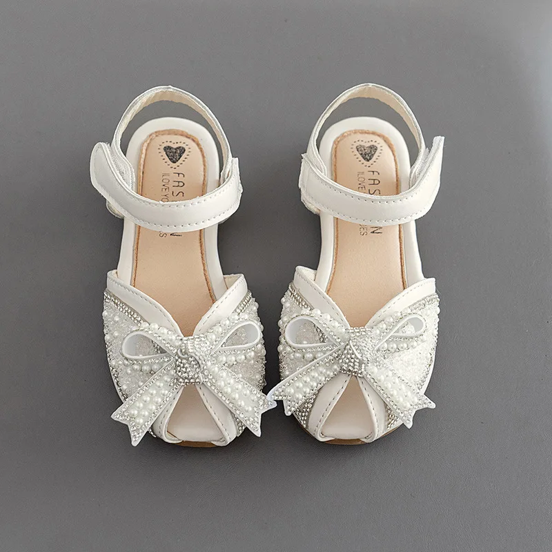 Girl Sandals Summer Sweet Pearl Bowtie Kids Princess Wedding Dress Shoes Fashion Elegant Children Causal Flat Sandals Hook Loop